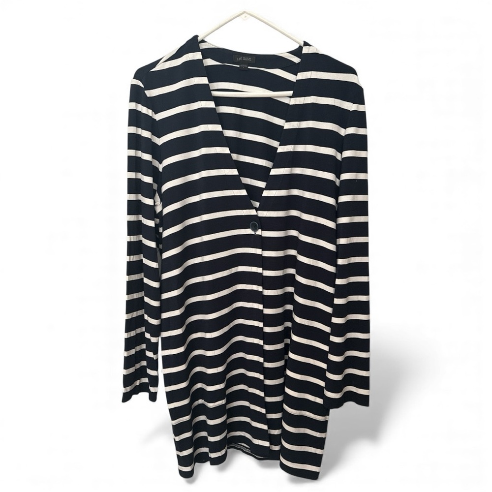 J. Jill Large Navy White Striped Knit Cardigan Sweater Long Sleeve Pockets